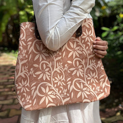 Beige and Cream Floral Canvas Tote Bag