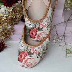 Pankhudi Cream & Blush Red Floral Printed  Leather Jutti