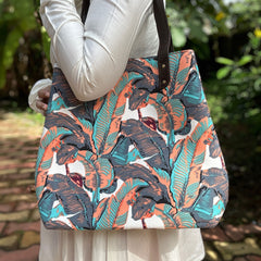 Multicolour Vegan Leaf Motif Tote Bag