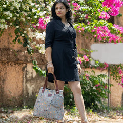 Grey & Coral Pink Digital Print Chanderi Tote Bag