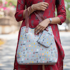 Grey & Coral Pink Digital Print Chanderi Tote Bag