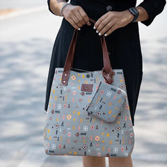 Grey & Coral Pink Digital Print Chanderi Tote Bag