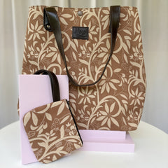 Beige and Cream Floral Canvas Tote Bag